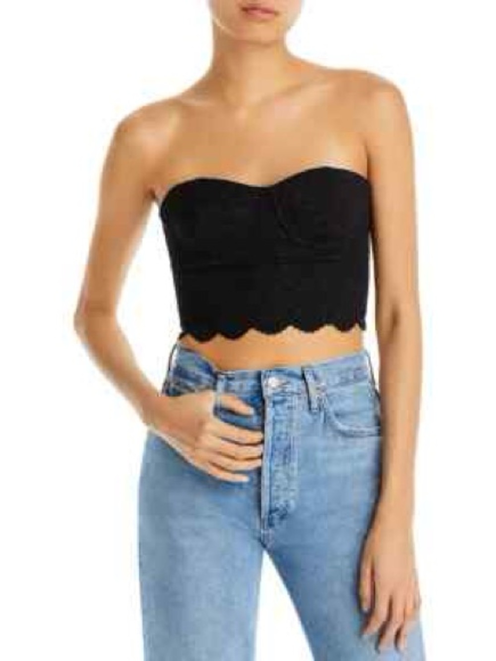 Aqua Strapless Scallop Hem Crop Top - Black